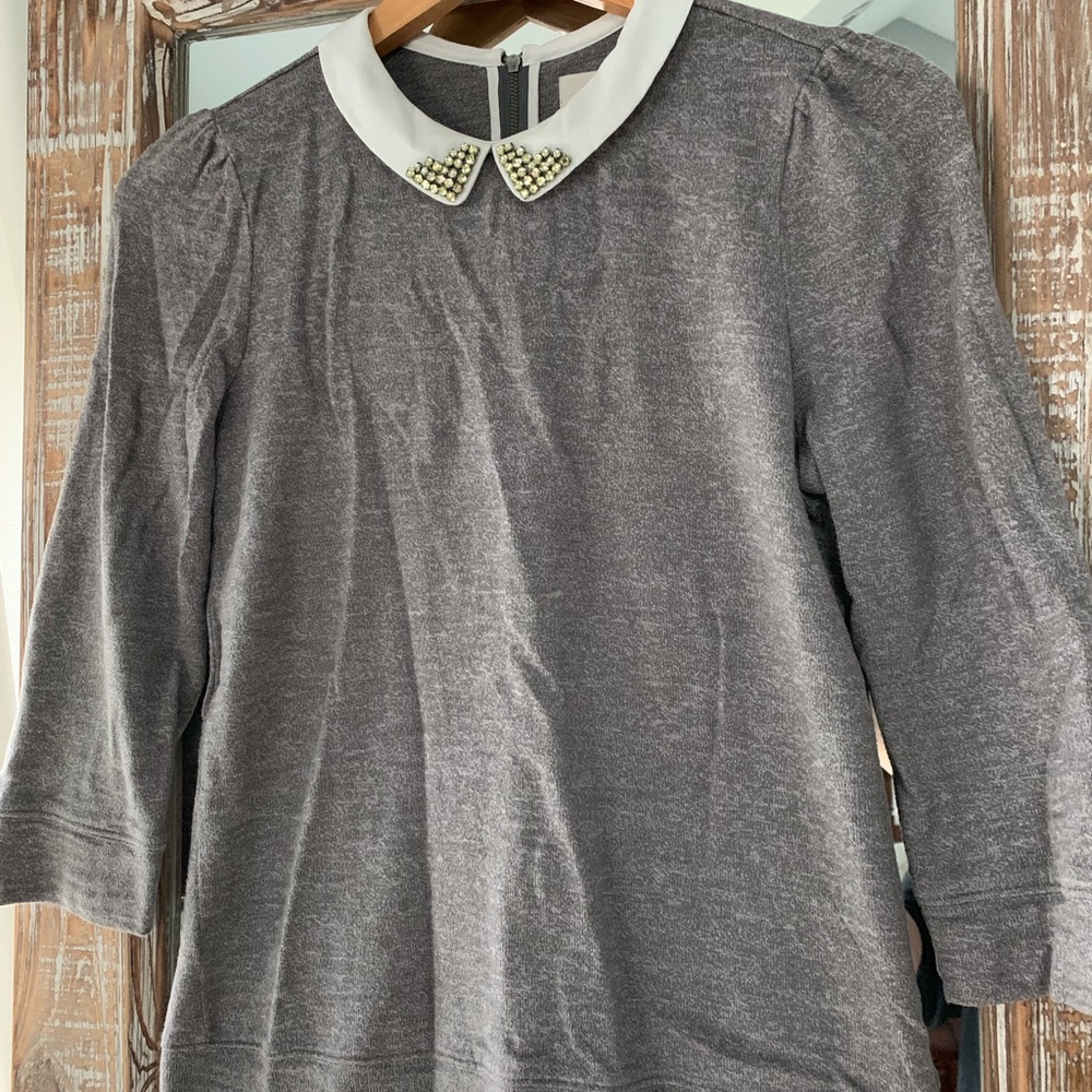 Loft Gray Sweatshirt with Jeweled Collar